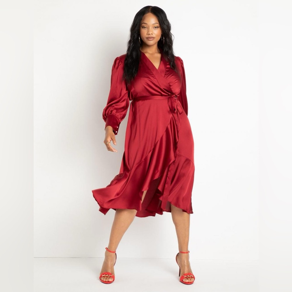 ELOQUII Satin Bishop Sleeve Wrap Dress